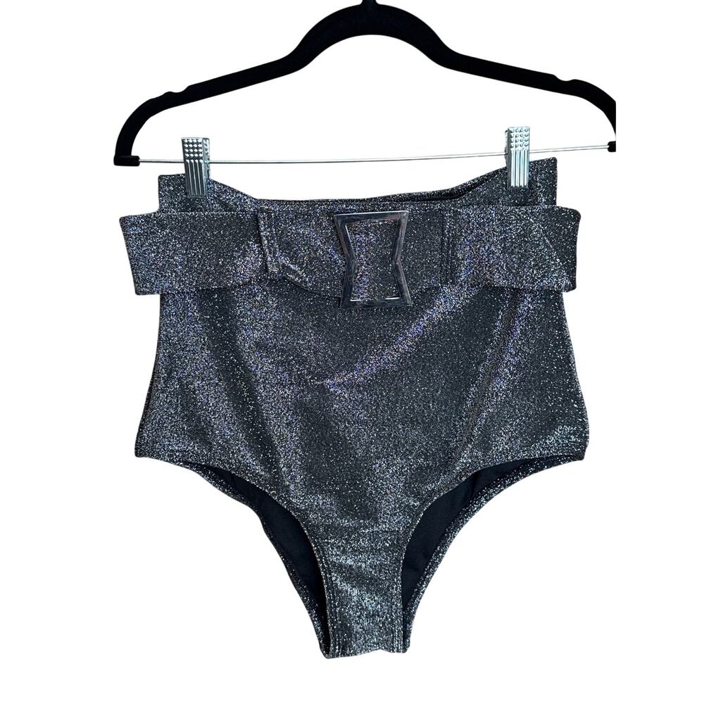 Unique Vintage Retro Silver Sparkle Belted High Waist Swim Bikini Bottom M NWOT